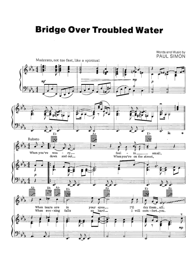 Simon & Garfunkel Bridge Over Troubled Water Sheet Music Download Digital PDF, Classic Song, Piano Solo, Instant Print image 1