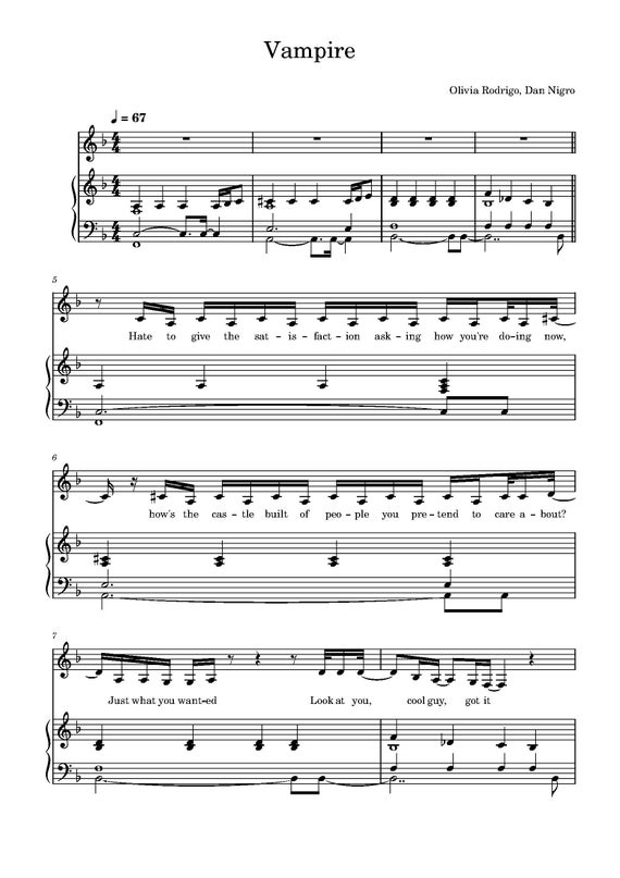 Olivia Rodrigo Vampire Sheet Music Download Digital PDF, Pop Song.