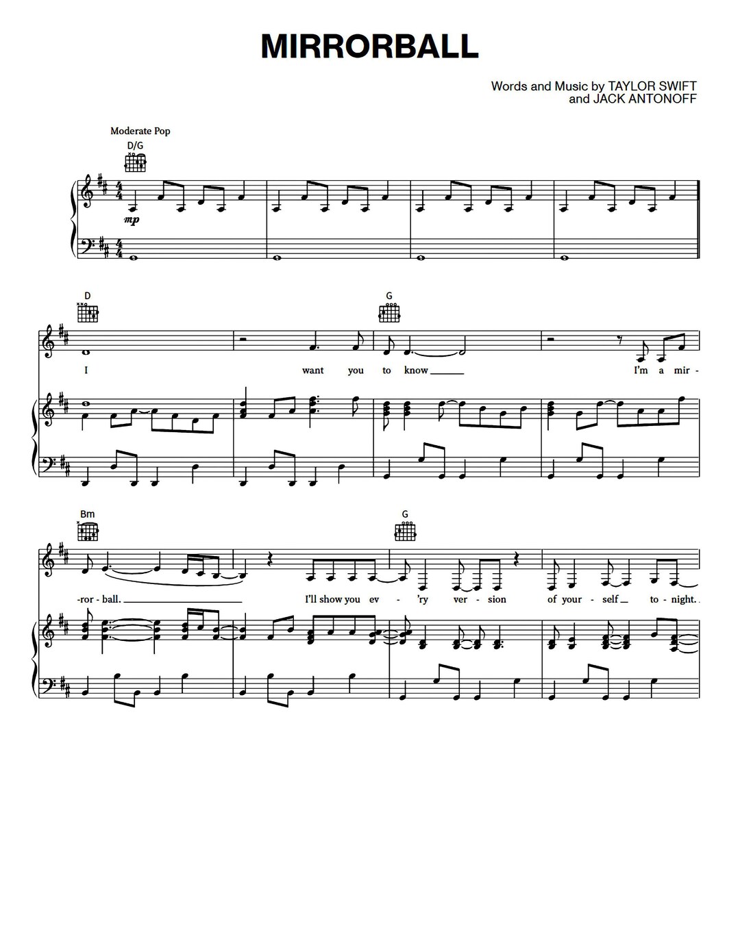 Taylor Swift Mirrorball Sheet Music Piano & Vocals Etsy