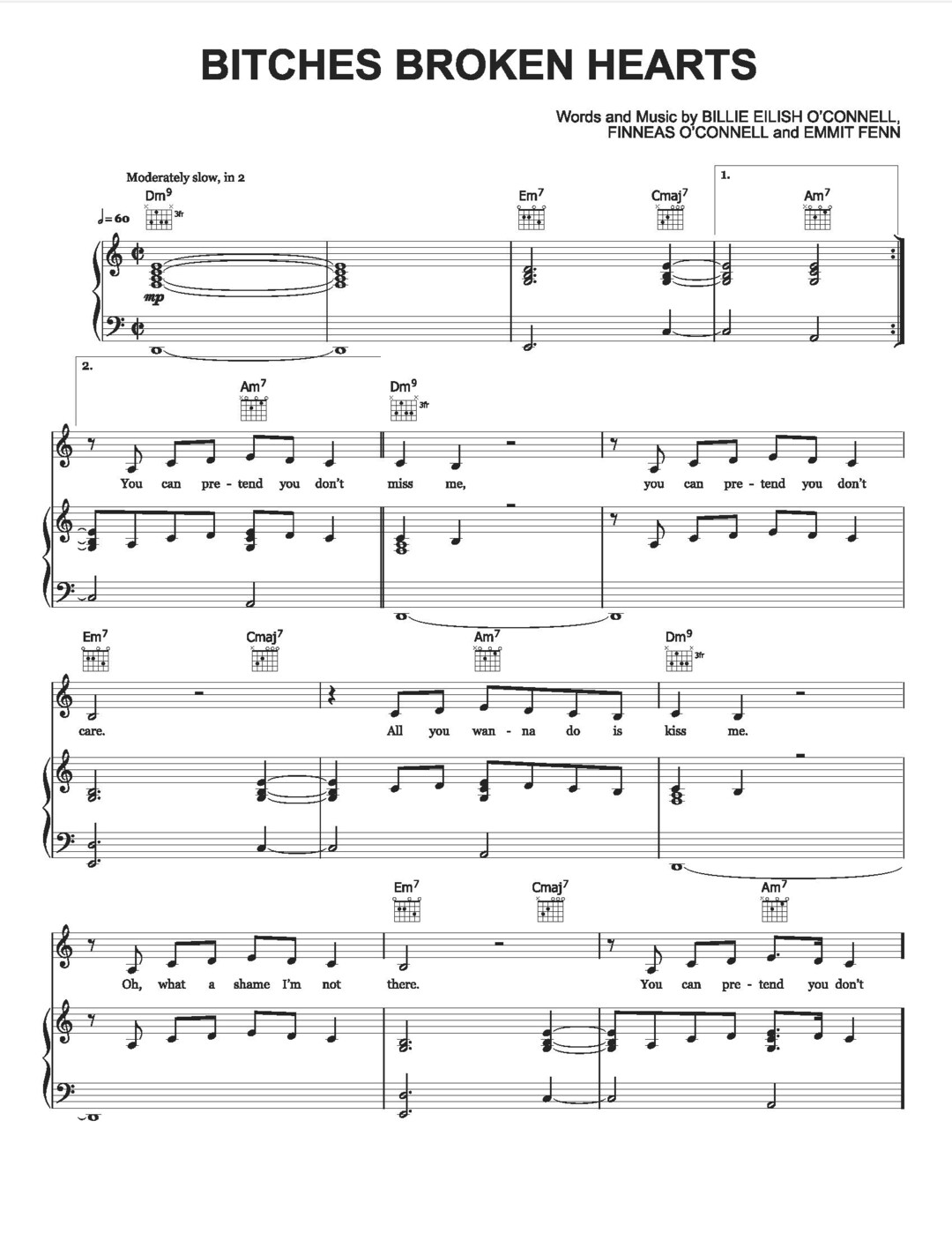 Billie Eilish Bitches Broken Hearts Sheet Music Digital Download, Piano Notes, Lyrics, Pop Song