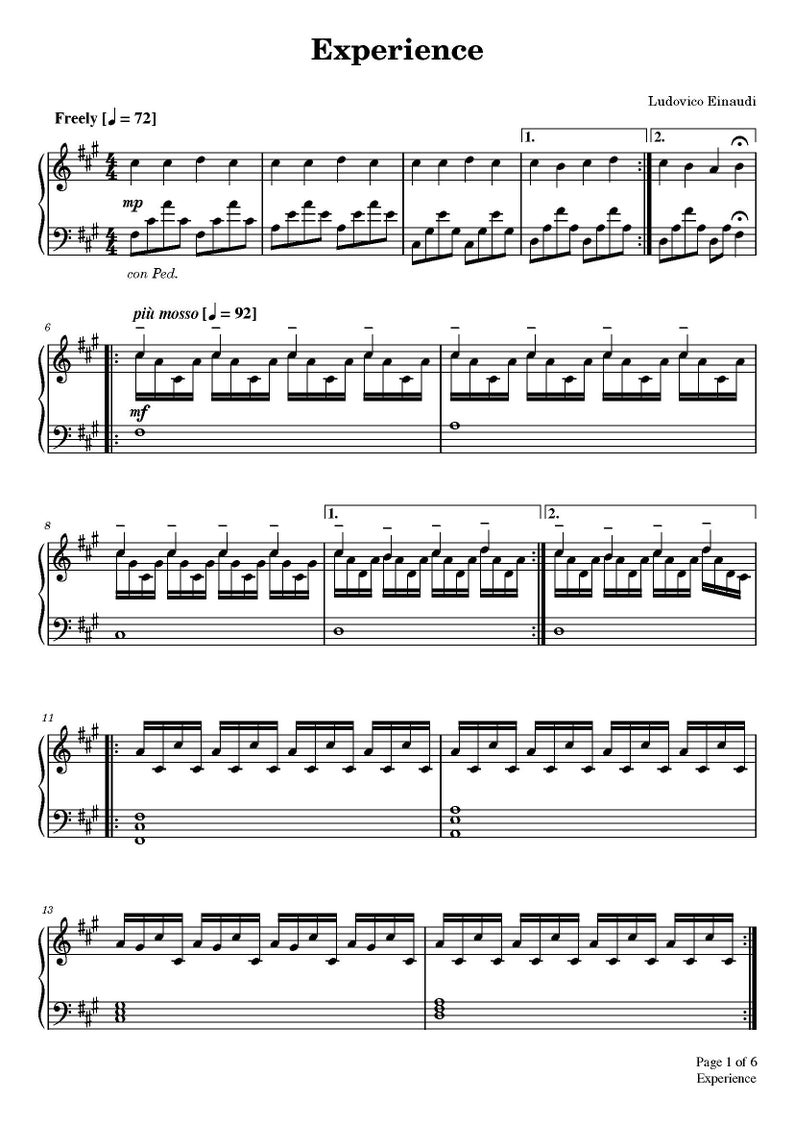 Ludovico Einaudi Experience Sheet Music Download PDF numérique, Piano Solo, Classique Contemporain, Impression Instantanée image 1