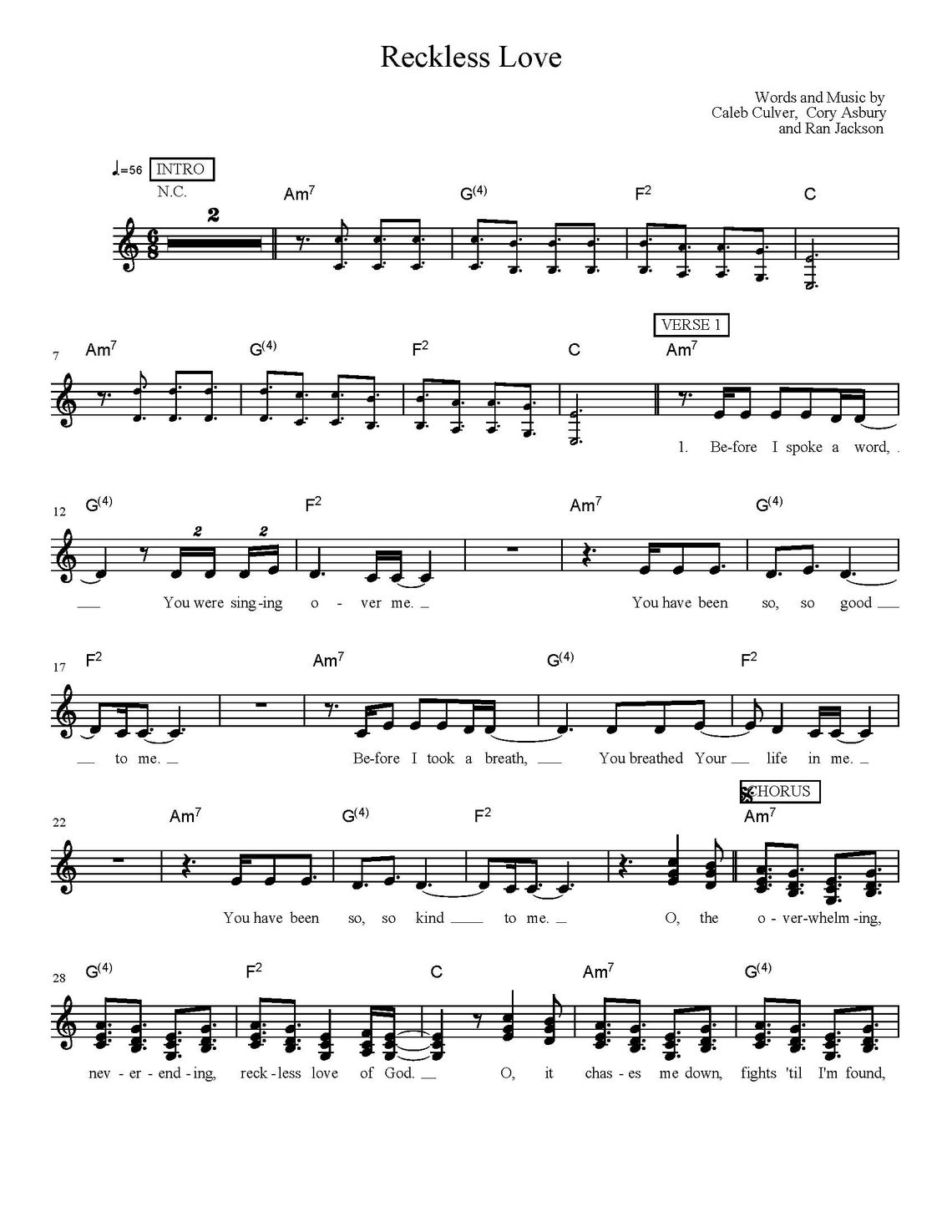 Cory Asbury Reckless Love Sheet Music, Christian Worship Piano Notes ...
