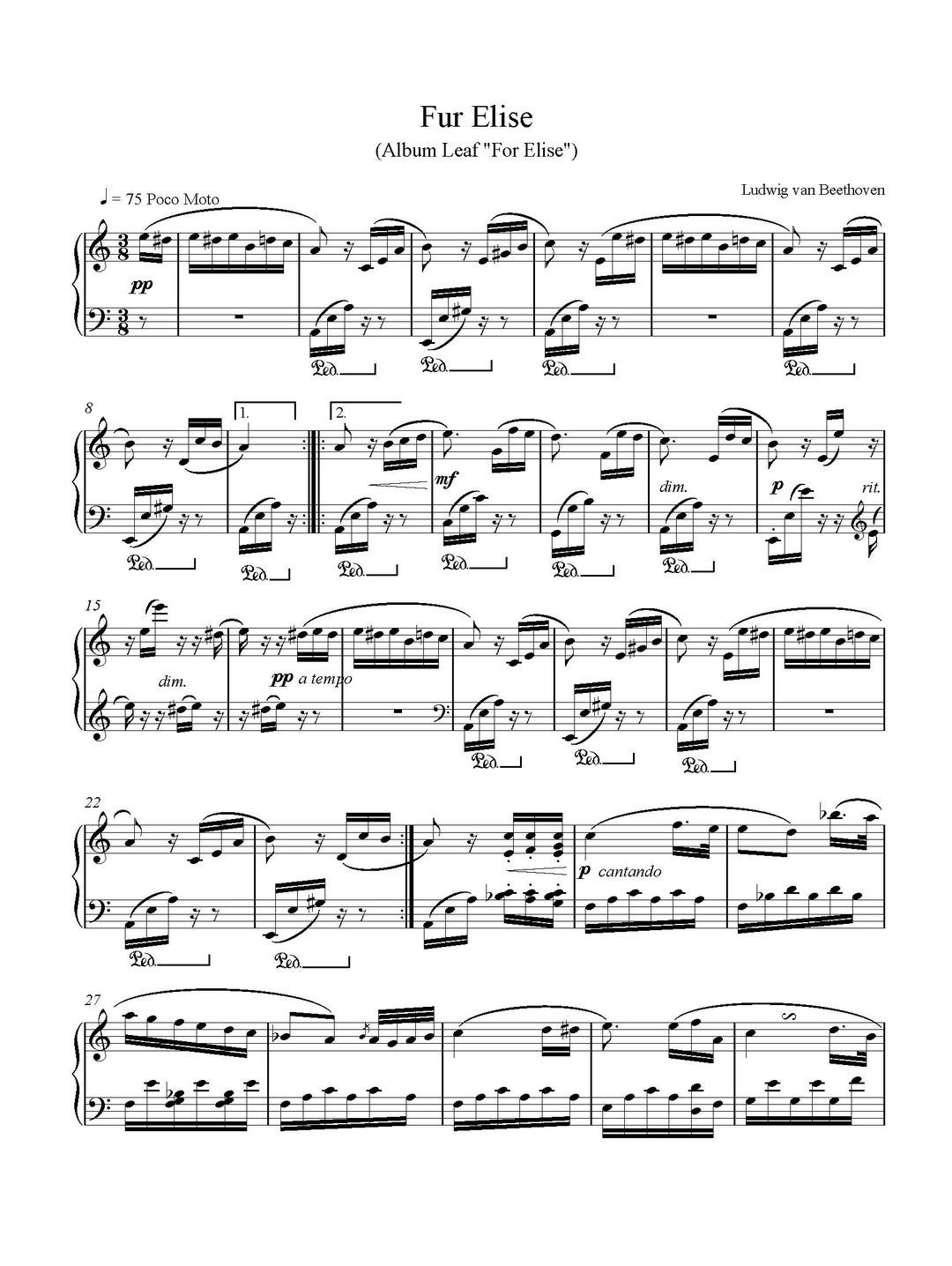 Ludwig Van Beethoven Fur Elise Sheet Music, Digital PDF Download ...