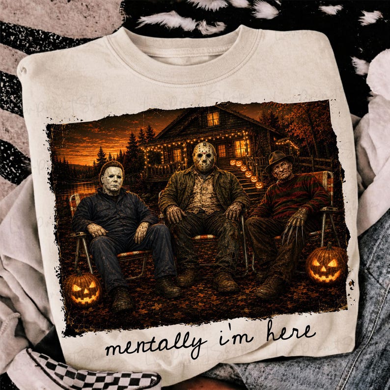 Peut inclure: Un sweat-shirt couleur cr&egrave;me avec une impression graphique repr&eacute;sentant trois personnages de films d'horreur assis sur des chaises devant une cabane la nuit. Le texte "mentally i'm here" est imprim&eacute; en noir sous l'image, incluant deux citrouilles.