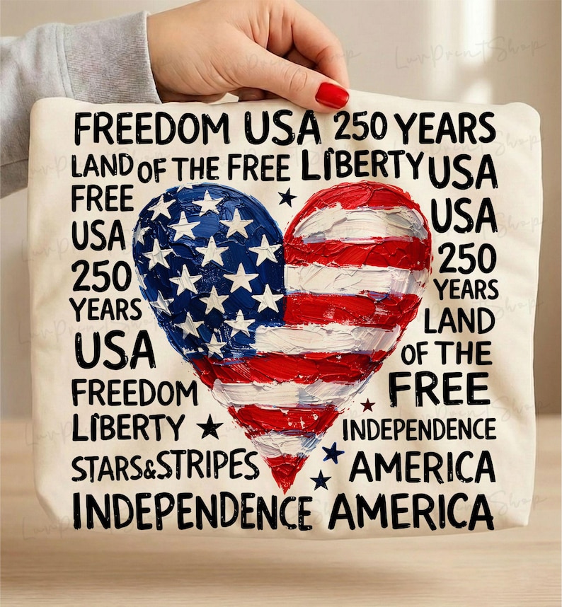 Puede incluir: Un bolso tote color crema con un dise&ntilde;o en forma de coraz&oacute;n con los colores de la bandera estadounidense. Una mitad es azul con estrellas blancas, la otra a rayas rojas y blancas. El texto incluye "FREEDOM USA 250 YEARS" y otras frases patri&oacute;ticas.