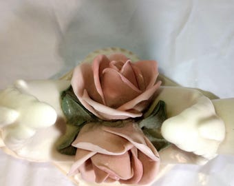 Set a vintage German made decorative Rose dual candle holders