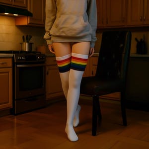 May include: White thigh-high socks featuring a rainbow stripe design. The rainbow stripes include red, orange, yellow, green, blue, and purple. The socks are worn with a grey hoodie.