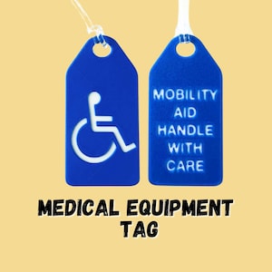 Petite étiquette durable pour équipement médical pour personnes handicapées I Fauteuil roulant, déambulateur, poussette, canne, aide à la mobilité I Boucle en plastique