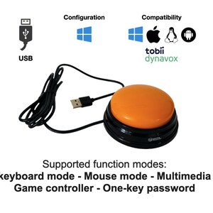 May include: Orange foot pedal switch with a black base and USB cable. The switch is compatible with Windows, Mac, Linux, and Android devices. It can be used for keyboard, mouse, multimedia, game controller, and one-key password functions.