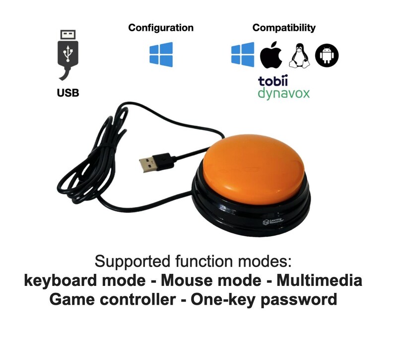 May include: Orange foot pedal switch with a black base and USB cable. The switch is compatible with Windows, Mac, Linux, and Android devices. It can be used for keyboard, mouse, multimedia, game controller, and one-key password functions.