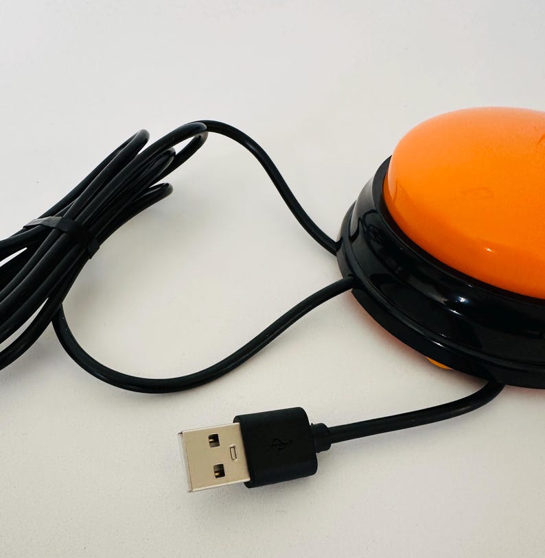 May include: Orange USB foot pedal with a black cord and a USB connector. The pedal is round and has a black rim.