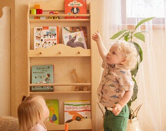 Nursery Vertical Bookshelf - Montessori furniture, Floating Wall Shelves, Kids Room Book Storage, Modern Bookcase, Toddler Activity