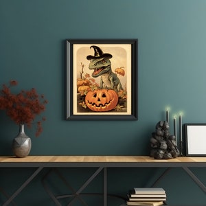 Vintage Halloween Style Print Digital Download: Holiday T-rex in witch hat ~ perfect for wall art, posters, prints, or cards!