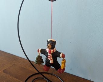 Vintage bear with tree and star Christmas ornament. Ornament only, stand not included.