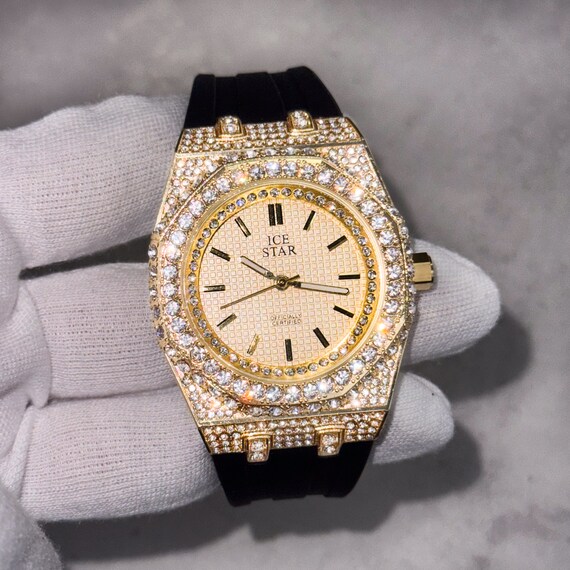 Men s 43mm Silicone Band Diamond Watch Iced Out Octagon Bezel Quartz Movement Etsy