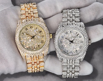 Women's 42mm Diamond Watch with Bling-ed Roman Dial - Quartz Movement