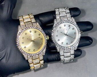 Women s 42mm Iced Out Watch With Iced Bezel and Diamond Dial Quartz Movement Etsy