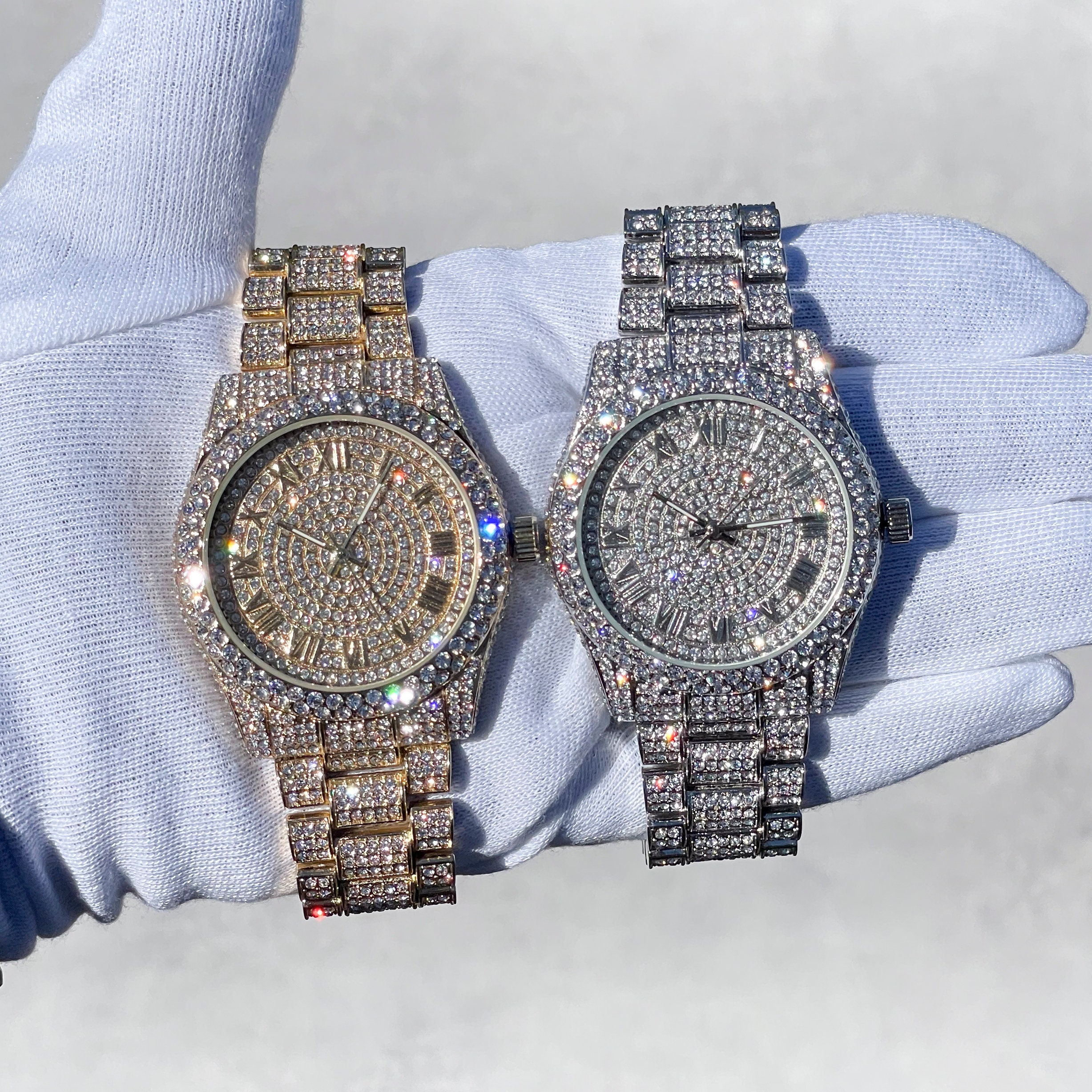 Women s 42mm Diamond Watch With Iced Out Bezel and Roman Dial Quartz Movement Etsy Canada