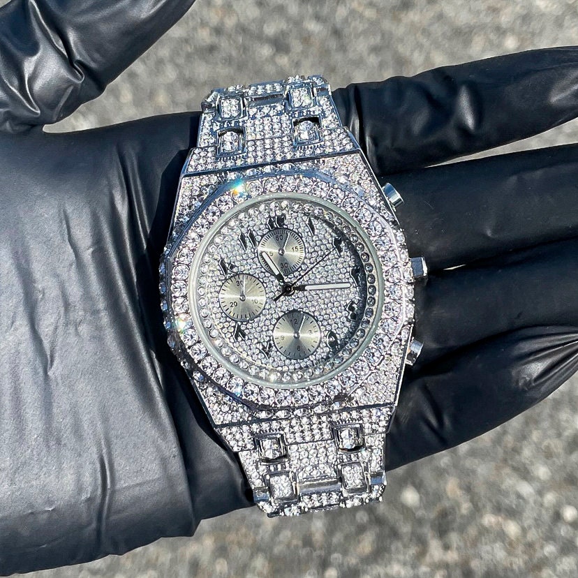Men s 43mm Luxury Iced Out Watch With Fully Iced Band Quartz Movement Octagon Bezel Arabic Dial Diamond encrusted Timepiece Etsy