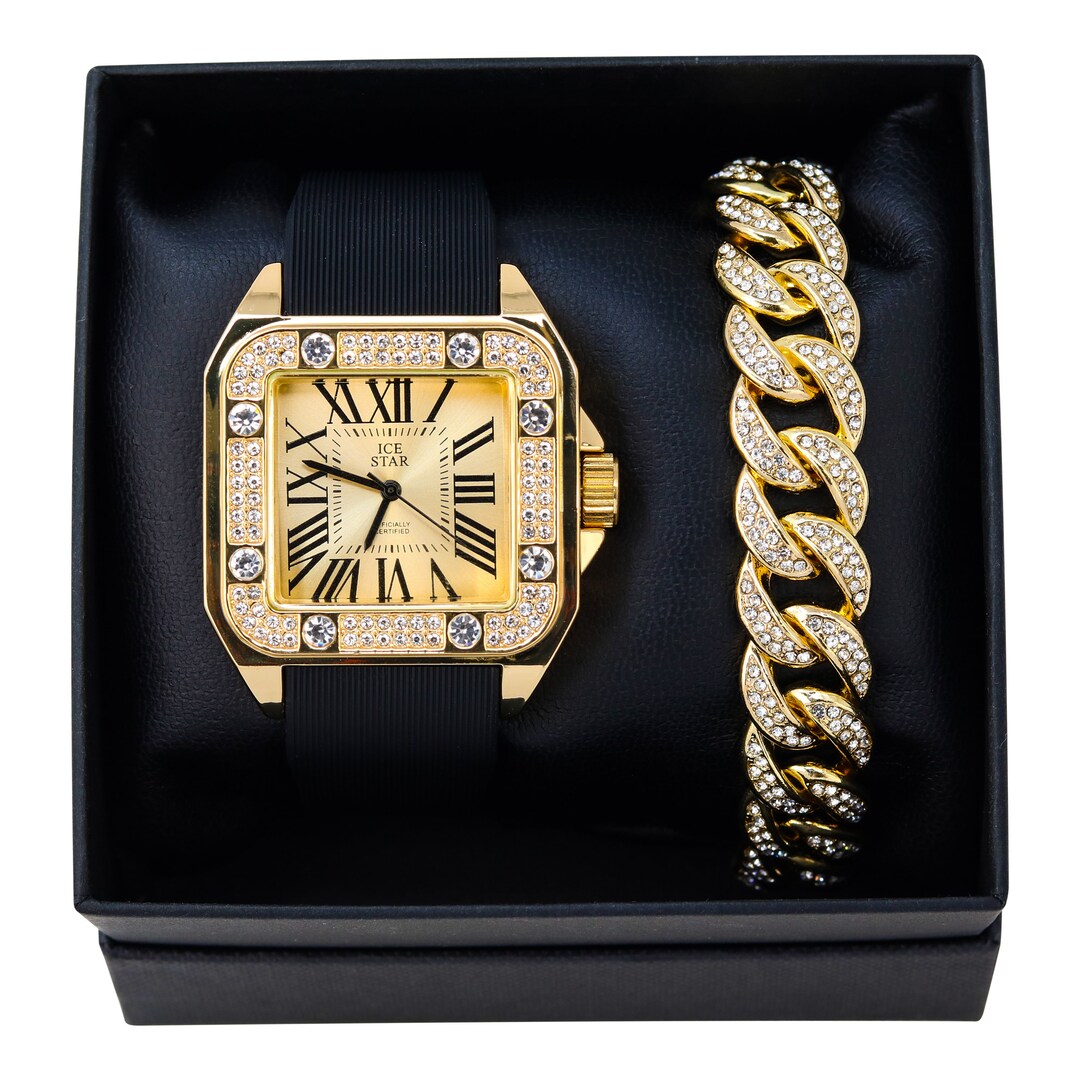 Men's 40mm Square Iced Out Diamond Watch and Bracelet Set Silicone Band