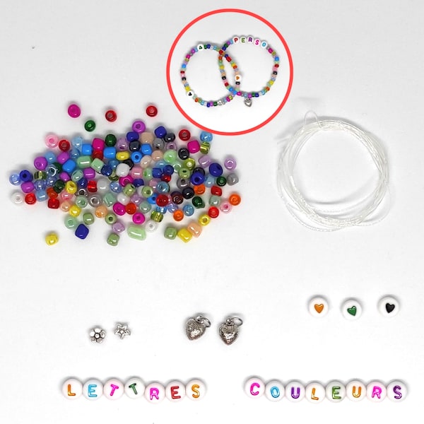 kit bijoux 2 bracelets élastique perles rocaille personnalisable enfant  bracelet coeur - bracelets à créer soi même - idée cadeau fille