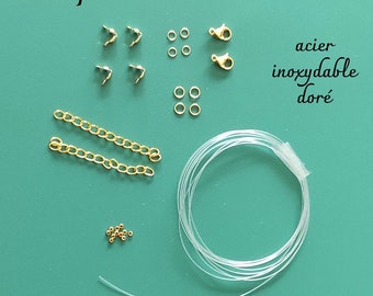 Bausatz für 2 Halsketten oder Armbänder mit Nylonfaden und vergoldetem Edelstahl-Ringverschluss