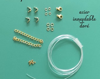 kit montage 2 colliers ou bracelets avec fil nylon fermoir anneau en acier inoxydable doré