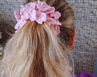 Handmade Oversized Knitted Scrunchie with Pink flowers- Hair Soft Accessories, Volumetric hair tie, Ponytail Holder, Gift for MothersDay