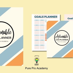 Op de afbeelding: Een set van drie printbare planners met een blauw en oranje gestreept ontwerp. De planners zijn getiteld "Actionable CEO Planner", "Goals Planner" en "Goals Tracker".