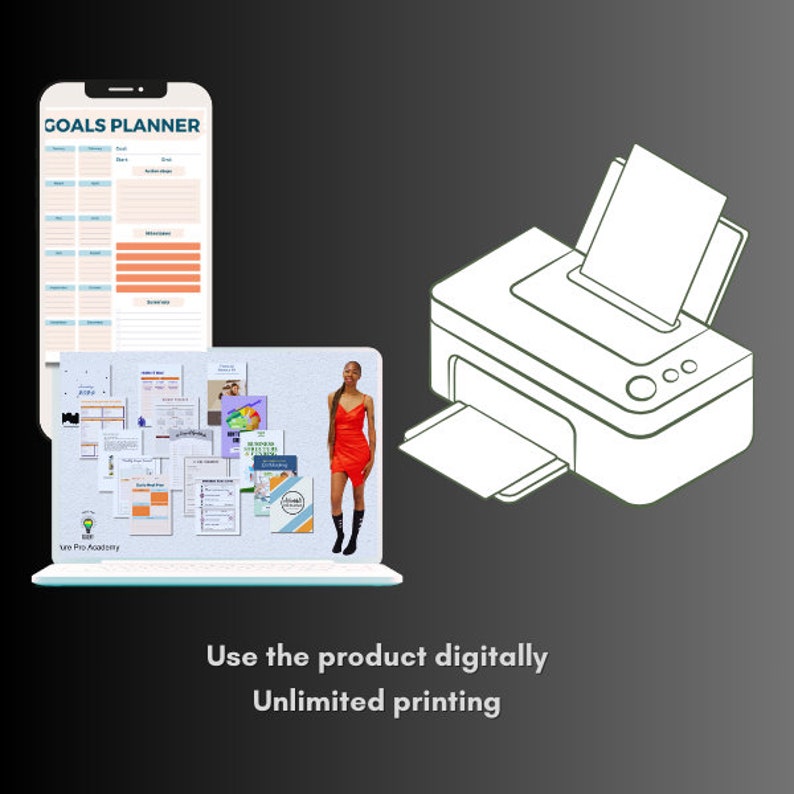 Op de afbeelding: Een digitaal product met een printbare versie. De afbeelding toont een laptopscherm met een verscheidenheid aan printbare planners en werkbladen. De tekst "Gebruik het product digitaal Onbeperkt printen" wordt onder de laptop weergegeven. Een printerpictogram wordt boven de laptop weergegeven.