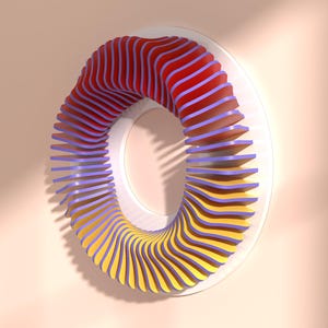 May include: Abstract 3D art piece featuring a layered, ring-shaped design. The top section transitions from red to yellow, with purple accents. The artwork is mounted on a white circular base, set against a peach-colored background.