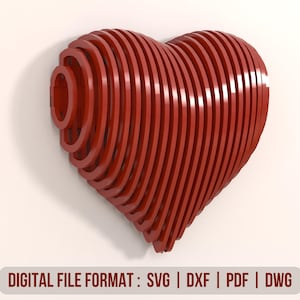 May include: A red, layered heart-shaped design. The heart is constructed from numerous parallel, curved segments, creating a three-dimensional effect. The image includes the text "DIGITAL FILE FORMAT : SVG | DXF | PDF | DWG".