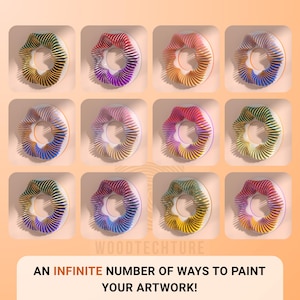 May include: A grid of twelve colorful, abstract, ring-shaped designs. Each ring features a unique gradient of colors, including green, red, orange, and blue. The text at the bottom reads: "AN INFINITE NUMBER OF WAYS TO PAINT YOUR ARTWORK!"
