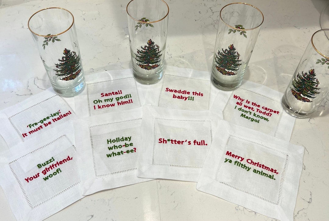 Christmas Cocktail Napkins, Holiday Cocktail Napkins, Linen Embroidered