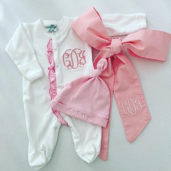 Baby Girl Coming Home Outfit, Baby Girl Hospital Outfit, Monogrammed Girl Onesie, Newborn Picture Outfit, Baby Shower Gift, Swaddle Bow