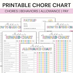 May include: Printable chore charts with pastel colors and the name "Maddie's" on them. The charts include sections for chores, behaviors, allowance, and pay. The text on the charts includes "How to Earn", "Reward Chart", "How to Spend", and "Allowance Chart".