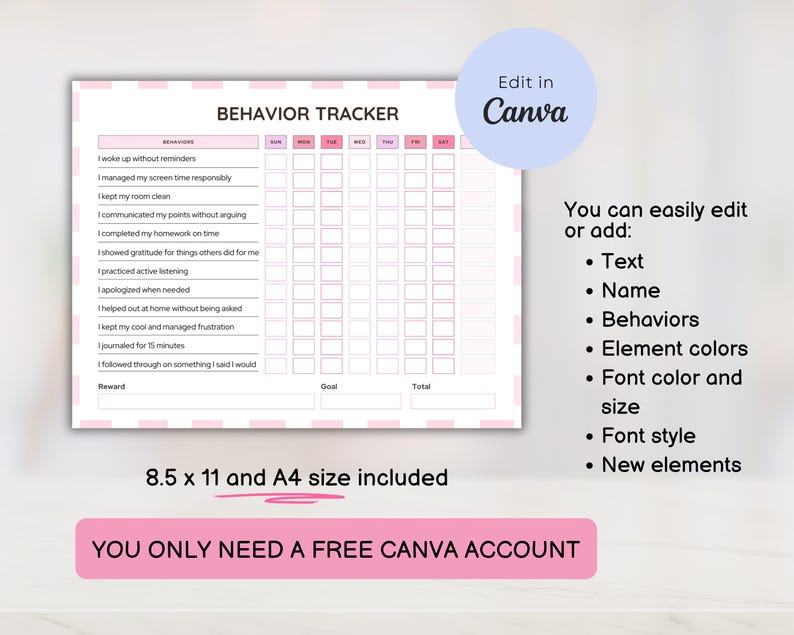 Pink Behavior Tracker Pink Gingham Teen Behavior Tracker Printable: Responsibility Chart ...