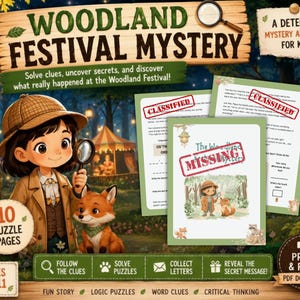 May include: A Woodland Festival Mystery printable game set for kids ages 7-11. The set includes 10 puzzle pages featuring a detective character with a magnifying glass and a fox. The documents contain text such as Classified, Missing, and Woodland Festival.