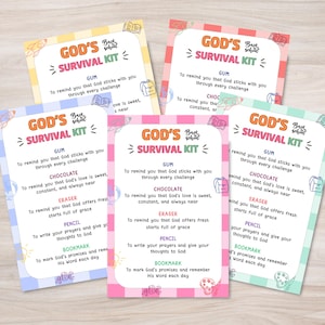 May include: A collection of colorful "God's Survival Kit" cards with text. Each card features a different pastel border and includes a list of items like gum, chocolate, and a pencil, with accompanying inspirational messages.