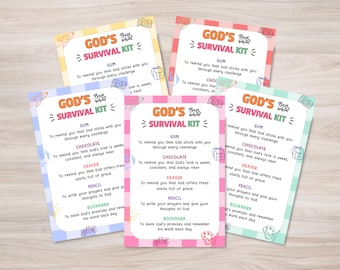 Gods Back to School Survival Kit, God Christian Survival Kit, afdrukbare pastel First Day of School-tag, rugzakzegening, religieuze tag