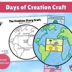 May include: A printable craft activity titled Days of Creation Craft featuring a black and white template of a world map with cut-out instructions and a coloured-in version showing Day 3 and Day 4 with illustrations of land, plants, sun, moon, and stars.