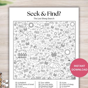 Peut inclure: Feuille d'activité imprimable en noir et blanc "Seek & Find? The Lost Sheep Search". Comprend une grille d'illustrations au trait d'objets divers, dont un berger, des moutons et du pain. Comprend un cercle rose "Téléchargement instantané".
