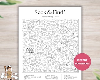 The Lost Sheep Parable I Spy Printable, Bible Hidden Object Search and Find Activity, Kids Sunday School Game