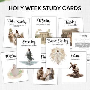 Puede incluir: Un conjunto de tarjetas de estudio de la Semana Santa. Cada tarjeta presenta un título como "Domingo de Ramos" y "Domingo de Resurrección", junto con imágenes y texto relacionados. Las tarjetas son blancas con texto negro e ilustraciones de acuarela.