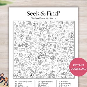 May include: Black and white "Seek & Find?" puzzle with the text "The Good Samaritan Search." The puzzle features various line drawings of objects like coins, rocks, donkeys, and a lantern. A pink circle with "Instant Download" is in the bottom right corner.