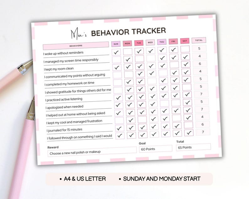 Pink Gingham Teen Behavior Tracker Printable: Responsibility Chart ...