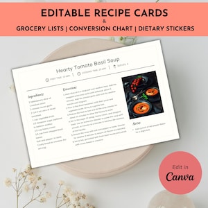 May include: Printable recipe card for Hearty Tomato Basil Soup with a white background and a photo of the soup in a bowl. The recipe card includes a list of ingredients, directions, and notes. The text "Edit in Canva" is in the bottom right corner of the card.
