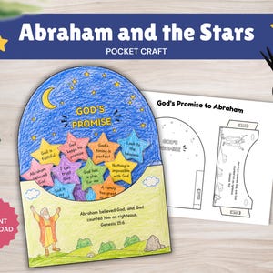 May include: A paper craft titled Abraham and the Stars featuring a colored arch-shaped card with a night sky, yellow crescent moon, and multiple stars with text including God's Promise, alongside a black and white printable template sheet.