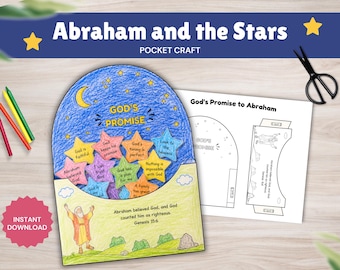 May include: A paper craft titled Abraham and the Stars featuring a colored arch-shaped card with a night sky, yellow crescent moon, and multiple stars with text including God's Promise, alongside a black and white printable template sheet.