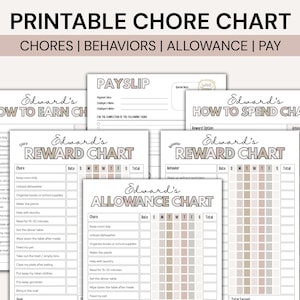 May include: Printable chore chart with the text "PRINTABLE CHORE CHART" at the top. The chart includes sections for chores, behaviors, allowance, and pay. Several charts are visible, including "How to Earn," "Reward Chart," and "Allowance Chart."